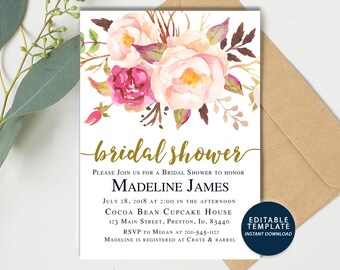 Bridal Shower Invitation, Floral Bridal Shower Invite, Bridal Shower Card, Spring Bridal Shower, Editable Template Instant Download Invite