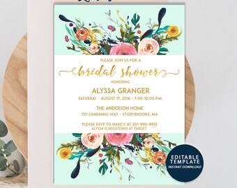 INSTANT DOWNLOAD DIY | Watercolor Floral Gold Foil Bridal Shower Invitation | Bridal Shower Invite Digital Printable Download | pdf