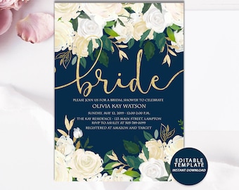 Op de afbeelding: Een marineblauwe bruidsdouche-uitnodiging met witte en gouden bloemmotieven. De uitnodiging bevat het woord "bride" in gouden schrift en bevat details over het evenement, zoals de datum, tijd, locatie en RSVP-informatie.