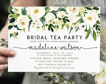 Watercolor Green Bridal Tea Party Invite, Green Bridal Shower Invitation, White Floral Wedding, Editable Printable Card, Instant Download