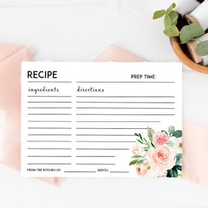 Recipe Card, Spring Bridal Shower Invitation Insert, Printable File Floral, pdf Spring Bride Invite, Watercolor Flower, Blush, LDC-BLU