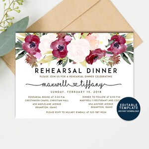 Floral Rehearsal Dinner Invitation, Winter Wedding Invitation, Wedding Dinner, Flower Party Invite, Wedding Card, Editable Printable pdf jpe