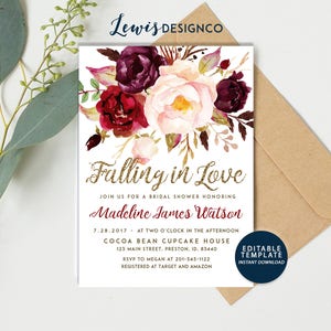 Fall Bridal Shower Invitation, Watercolor Floral Autumn Bridal Shower Invite, Editable Template Card, Blush Gold Floral, Wedding Invitation,