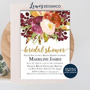 Herfst bruids douche uitnodiging, aquarel bloemen herfst bruids douche uitnodigen, bewerkbare sjabloon kaart, blozen gouden bloemen, Instant Download