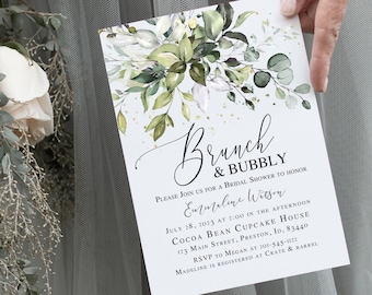 Greenery Brunch and Bubbly Invitation, Bridal Shower Invite Template, Instant Download DIY Printable Editable Wedding Card  LDC-HER