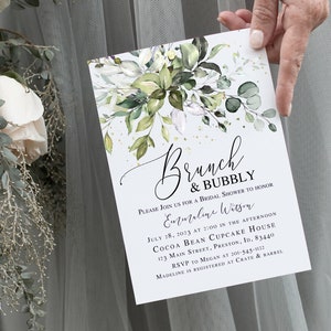 Greenery Brunch and Bubbly Invitation, Bridal Shower Invite Template, Instant Download DIY Printable Editable Wedding Card  LDC-HER