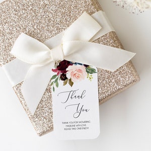 Modèle d'étiquette de remerciement de mariage d'or, imprimable, étiquette de verdure Blush Bourgogne, étiquette de faveur de mariage floral, carte de faveurs, modifiable LDC-BUR