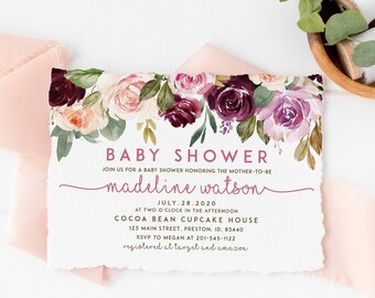 May include: A baby shower invitation with a watercolor floral design in shades of pink, purple, and burgundy. The invitation reads "Baby Shower" and "Join us for a baby shower honoring the mother-to-be Madeline Watson" with the date, time, location, and RSVP information.