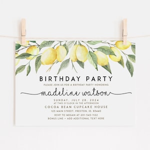 Invitation de fête d'anniversaire de citron, modèle d'invitation de fête d'anniversaire, carte modifiable imprimable de téléchargement instantané, jaune printemps été LDC-LEM