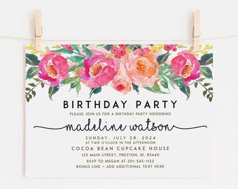 Floral Birthday Party Invitation, Pink Birthday Party Invite Template, Instant Download Printable Editable Card, Spring Summer LDC-GEN