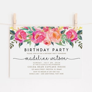 Invitation de fête d'anniversaire florale, modèle d'invitation de fête d'anniversaire rose, téléchargement immédiat imprimable carte modifiable, printemps été LDC-GEN