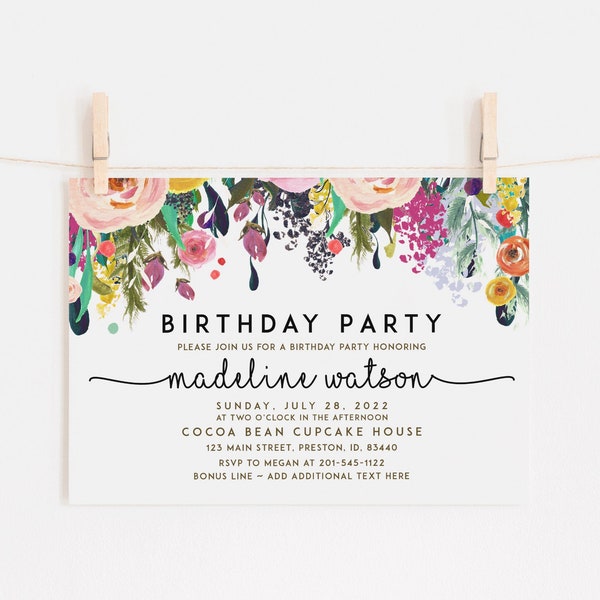 Invitación floral para fiesta de cumpleaños, descarga instantánea de archivo PDF, plantilla editable e imprimible, invitación de tarjeta de cumpleaños LDC-SUB