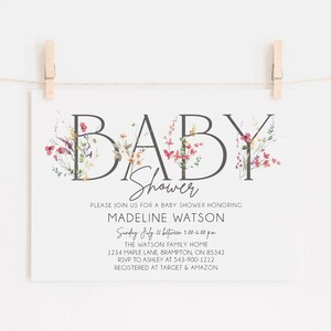 Wildblumen-Baby-Dusche-Einladung, Mädchen-Baby-Dusche-Einladungs-Vorlage, sofortiger Download druckbare bearbeitbare Karte, Frühling Sommer LDC-WIL