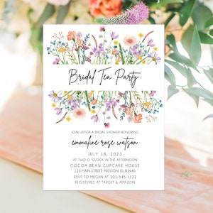Invitación a la fiesta del té de la ducha nupcial de flores silvestres, plantilla de invitación nupcial, tarjeta de boda editable imprimible de descarga instantánea, verano LDC-BOU