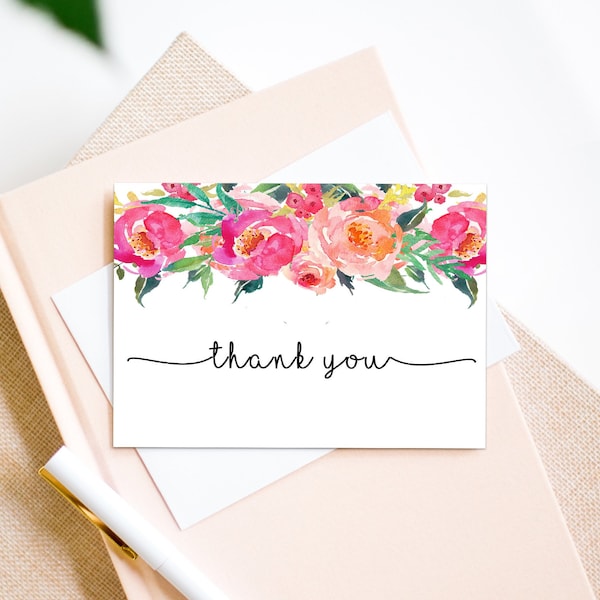 Pink Orange Floral Thank You Card, Bridal Baby Shower Thank You, Folded A2 Card, Printable PDF File Instant Download Blush Greenery LDC-GEN