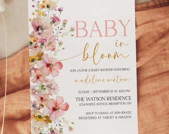 Wildflower Baby in Bloom Shower Invitation, Girl Baby Shower Invite Template, Instant Download Printable Editable Pink Card, LDC-MILLIE
