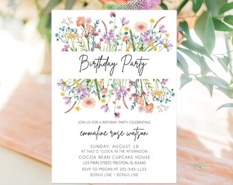 Wildflower Birthday Party Invitation, Birthday Party Invite Template, Instant Download Printable Editable Card, Spring Summer LDC-BOU