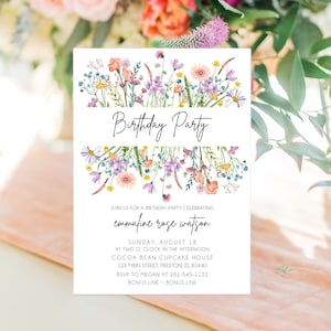 Wildblumen-Geburtstags-Party-Einladung, Geburtstags-Party einladen Vorlage, sofortiger Download druckbare bearbeitbare Karte, Frühling Sommer LDC-BOU