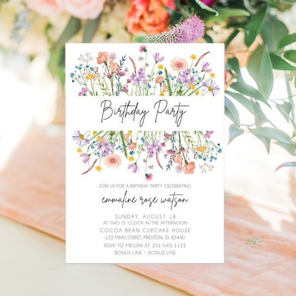 Wildflower Birthday Party Invitation, Birthday Party Invite Template, Instant Download Printable Editable Card, Spring Summer LDC-BOU