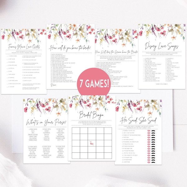 Wildflowers Bridal Shower Game Bundle, Bridal Shower Invitation, Digital Instant Download Printable, Games Package Set Bundle,  LDC-WIL