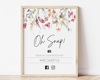 Oh Snap Hashtag Photos Sign, Bridal Shower Photo Sign, Wedding Photo Sign, Birthday Photo Sign, Wildflowers, Printable Template, LDC-WIL