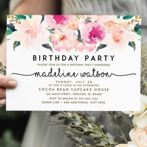 Invitation de fête d'anniversaire floral rose, modèle d'invitation de fête d'anniversaire, carte modifiable imprimable de téléchargement instantané, printemps été LDC-ROM
