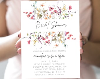 Wildflower Bridal Shower Invitation, Bridal Shower Invite Template, Instant Download Printable Editable Wedding Card, Spring Summer  LDC-WIL