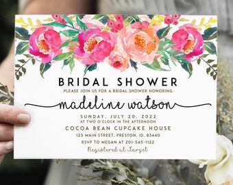 Bridal Shower Invitation, Watercolor Floral Wedding Card, Pink Summer Shower, Editable Template Printable Card, Instant Download DIY LDC-GEN