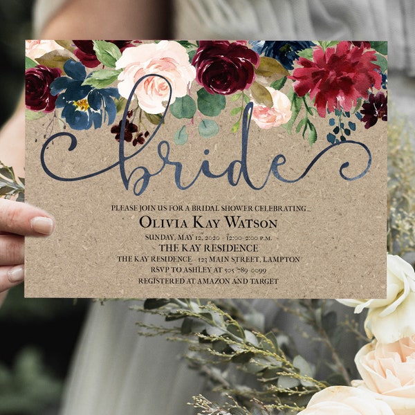Fall Bridal Shower Invitation, Bridal Shower Invite, Burgundy Navy Gold Kraft Paper Floral, Editable Template Instant Download Print LDC-BUR