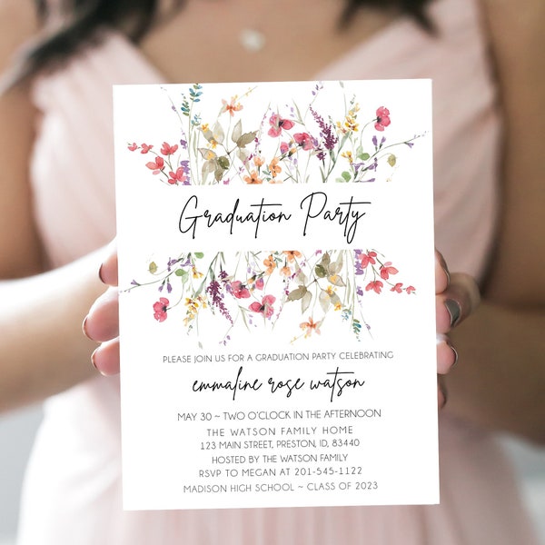 Wildflower Graduation Party Invitation, High School Graduation Invite, Open House, Class of 2023, Floral Card, Editable Template, LDC-WIL