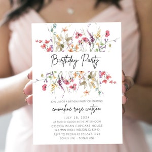 Invitation de fête d'anniversaire de fleurs sauvages, modèle d'invitation de fête d'anniversaire, carte modifiable imprimable de téléchargement instantané, printemps été LDC-WIL