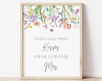 Wildflower Guess How many Kisses Sign, Bridal Shower Sign, Guess How many Kisses for the Soon-toBe Mrs, Insert Card Printable, LDC-BOU