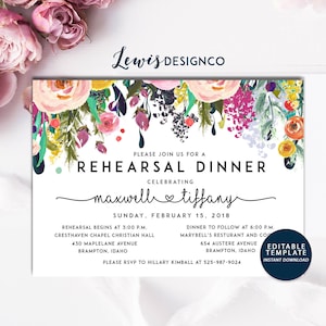 Floral Rehearsal Dinner Invitation, Flower Party Invite, Instant Download Wedding Card, Editable Printable Template, pdf jpeg LDC-SUB