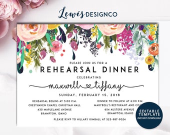 Floral Rehearsal Dinner Invitation, Flower Party Invite, Instant Download Wedding Card, Editable Printable Template, pdf jpeg LDC-SUB