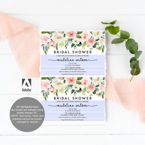 May include: A floral bridal shower invitation with a light blue background and white text. The invitation reads "Bridal Shower" and "Please join us for a bridal shower celebrating Madeline Watson". The date is July 12, 2019, and the time is 2:00 in the afternoon. The location is The London Atrium, 1234 Maple Avenue, Rigby, CA 90007. The RSVP information is to Ashley at 500-999-0001 by June 13. The text "Registered at Amazon and Target" is also included.