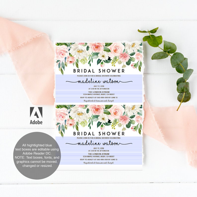 May include: A floral bridal shower invitation with a light blue background and white text. The invitation reads "Bridal Shower" and "Please join us for a bridal shower celebrating Madeline Watson". The date is July 12, 2019, and the time is 2:00 in the afternoon. The location is The London Atrium, 1234 Maple Avenue, Rigby, CA 90007. The RSVP information is to Ashley at 500-999-0001 by June 13. The text "Registered at Amazon and Target" is also included.