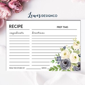 Printable File Floral Recipe Cards, Bridal Shower Invitation Insert, pdf jpg INSTANT DOWNLOAD DIY, Winter Wedding