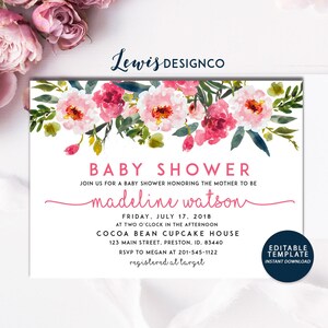 DESCARGA INSTANTE DIY / Floral Baby Shower Invitación Acuarela Chica Invitar Tarjeta Rosa pdf Editable Imprimible Anuncio de Archivo Personalizable
