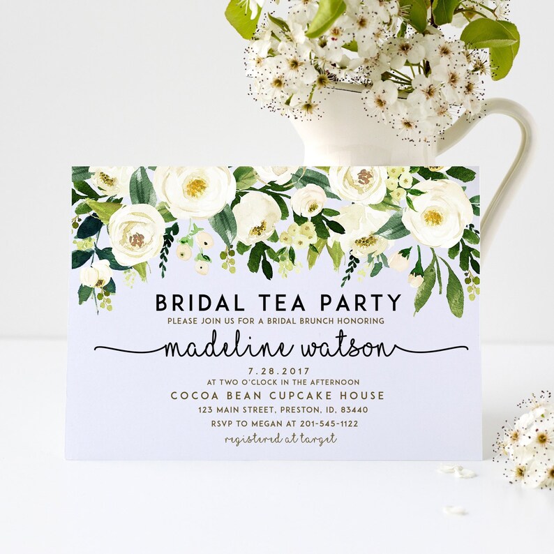May include: A white and green floral design bridal shower invitation with the text "Bridal Tea Party" and "madeline watson" in black text. The invitation includes the date, time, location, RSVP information, and registry information.