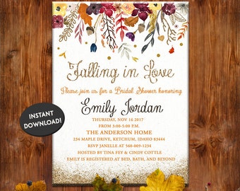 Fall Bridal Shower Invitation | Floral Watercolor Card | Flowers, Autumn, Printable | INSTANT DOWNLOAD DIY | Gold Glitter Leaves Card Invite