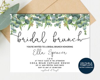 May include: A white card with a green eucalyptus border and the text "bridal brunch" in black cursive. The card invites guests to a bridal brunch honoring Ella Spencer on July 27, 2018 at Coca Bean Cupcake House in Preston, Idaho. The card also includes the address and RSVP information.