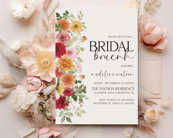 Autumn Bridal Brunch Shower Invitation Template, Fall Floral Bridal Shower Invite, Instant Download Printable Editable Wedding Card, JANE