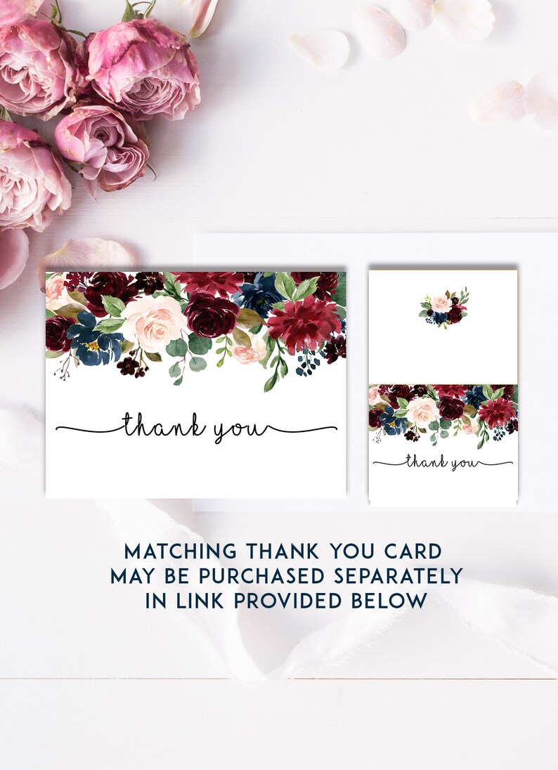 May include: Two thank you cards with a floral design in shades of burgundy, blush pink, navy blue, and green. The text "thank you" is written in black cursive on both cards. The text "Matching Thank You Card May Be Purchased Separately In Link Provided Below" is written in navy blue.