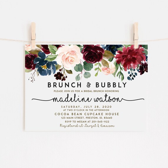 Fall Floral Brunch And Bubbly Invitation Burgundy Bridal Etsy