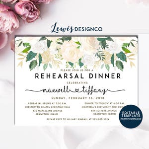 Watercolor Floral Rehearsal Dinner Invitation, Party Invite, Wedding Card, Wedding Dinner, Instant Download Editable Printable pdf jpeg image 1