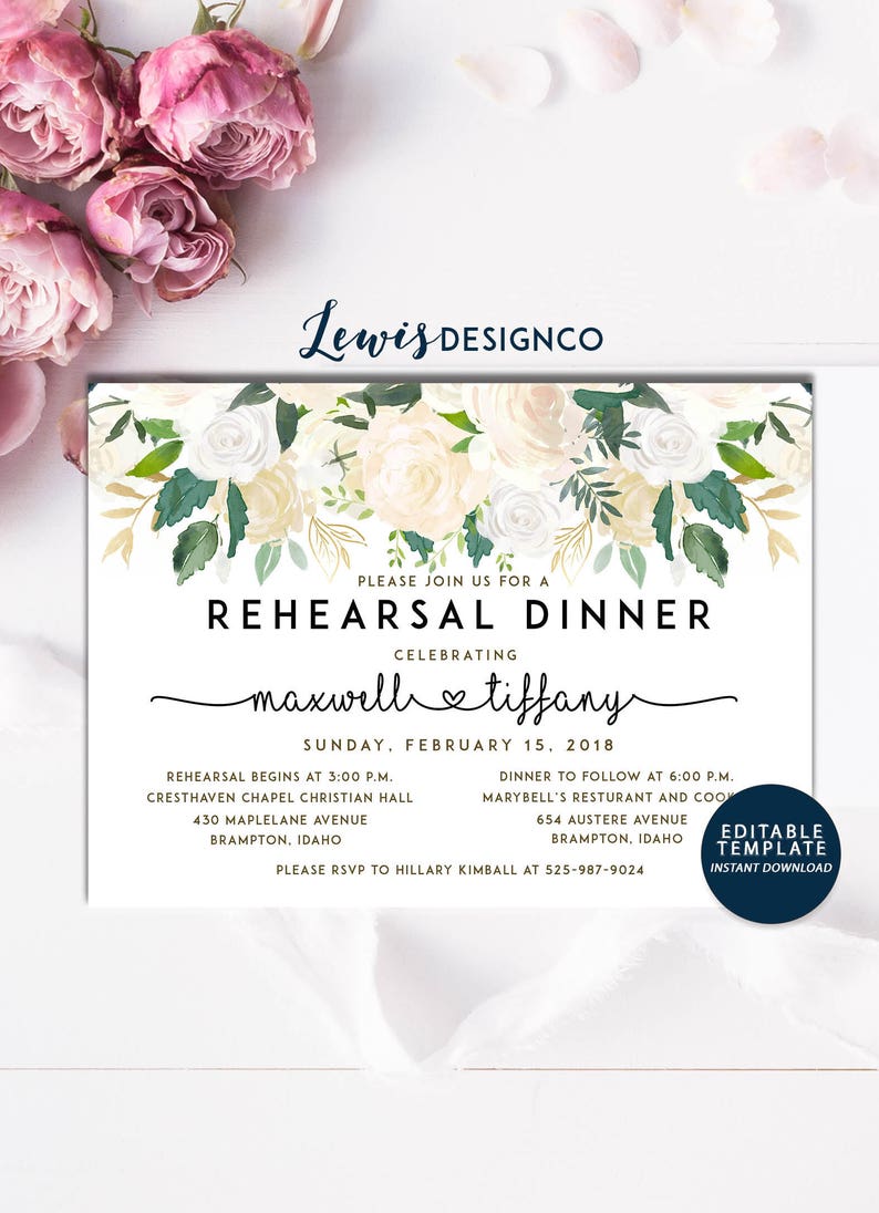 Watercolor Floral Rehearsal Dinner Invitation, Party Invite, Wedding Card, Wedding Dinner, Instant Download Editable Printable pdf jpeg image 1