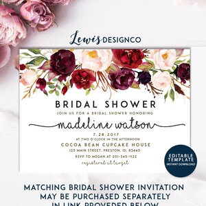 May include: A floral bridal shower invitation with burgundy, pink, and white flowers. The invitation reads "Bridal Shower" and "Join us for a bridal shower honoring Madeline Watson". The date is July 28, 2017, and the location is Cocoa Bean Cupcake House. The RSVP information is included, along with the registry information.