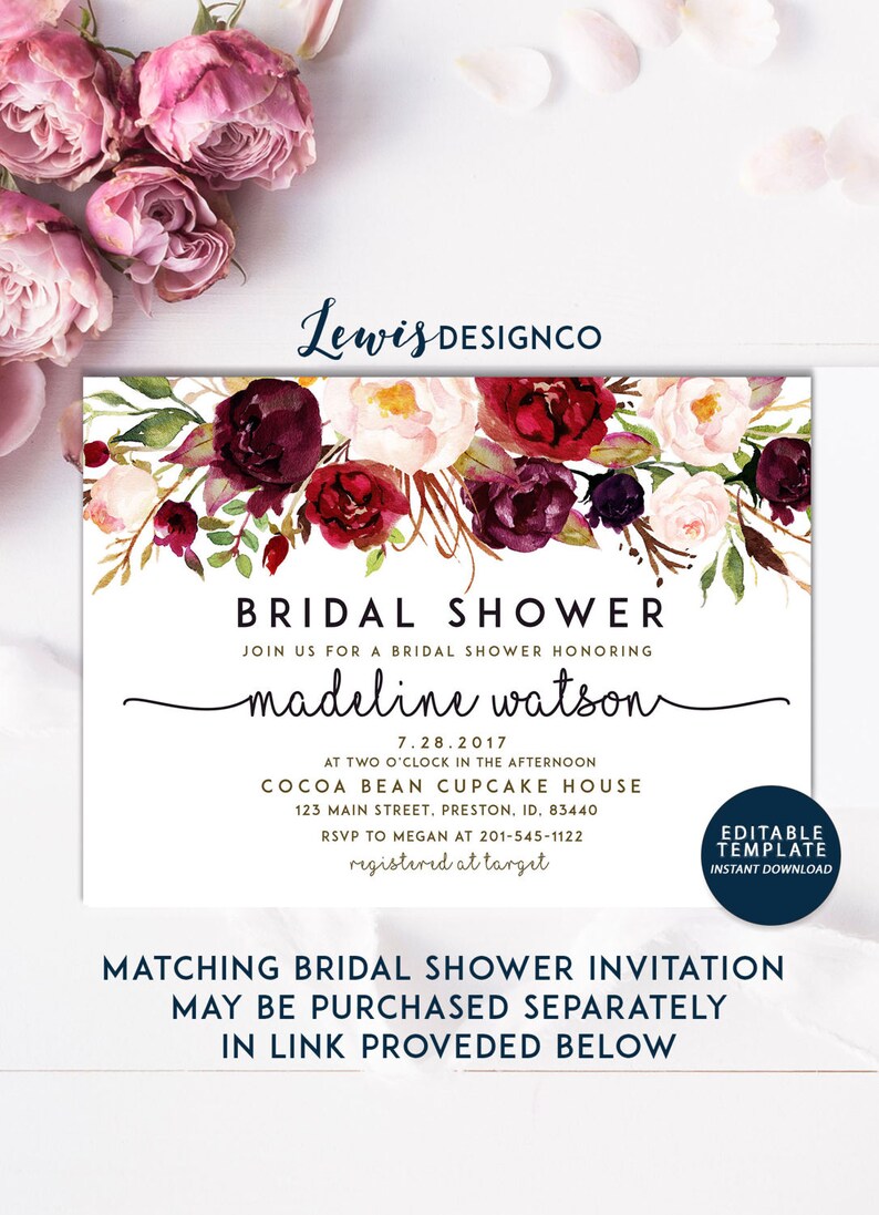 May include: A floral bridal shower invitation with burgundy, pink, and white flowers. The invitation reads "Bridal Shower" and "Join us for a bridal shower honoring Madeline Watson". The date is July 28, 2017, and the location is Cocoa Bean Cupcake House. The RSVP information is included, along with the registry information.
