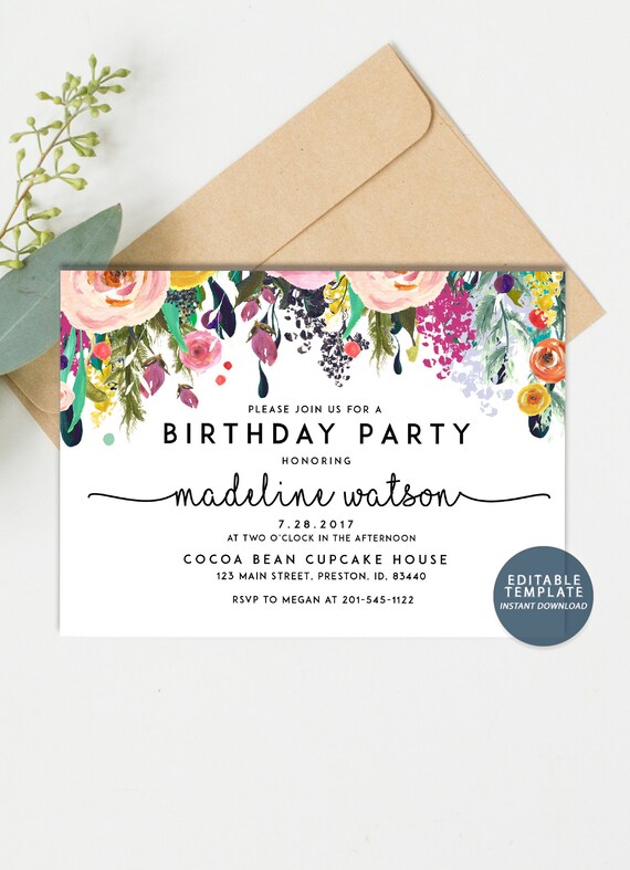 Floral Birthday Party Invitation Instant Download diy pdf Etsy