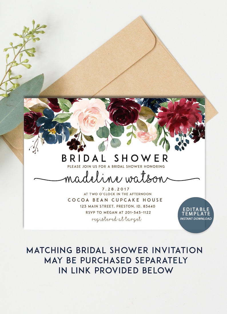 Fall Bridal Shower Invitation Burgundy Gold Floral Etsy